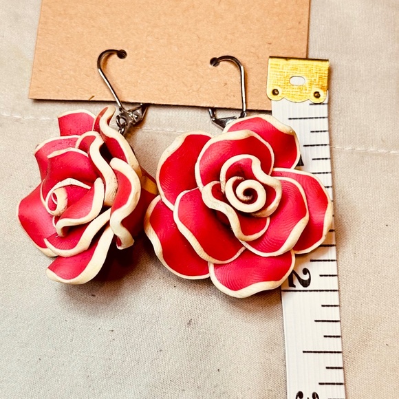 Rose & Bead Large Dangle Earrings Vintage Polymer Clay - Picture 10 of 13